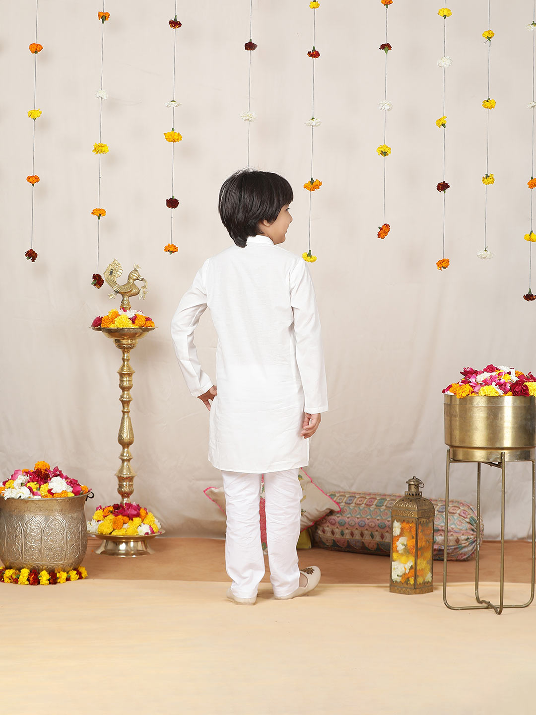 Boy's White Sequined Embroidered and Gota worked Pure Cotton Straight Kurta