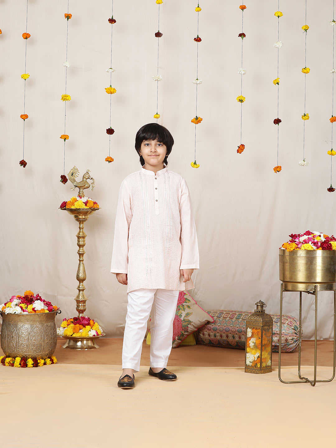 Boy's Pink Sequined Embroidered and Gota worked Pure Cotton Straight Kurta with Pyjama