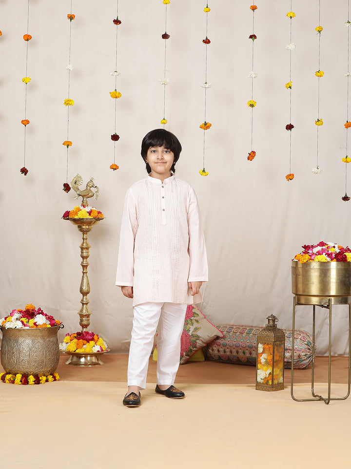 Boy's Pink Sequined Embroidered and Gota worked Pure Cotton Straight Kurta