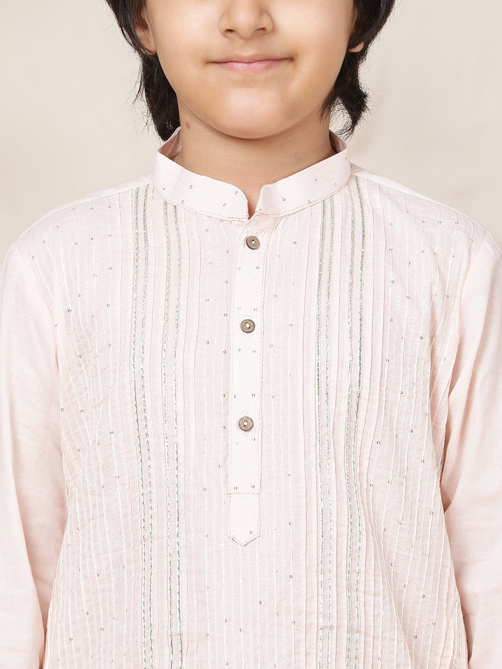 Boy's Pink Sequined Embroidered and Gota worked Pure Cotton Straight Kurta with Pyjama