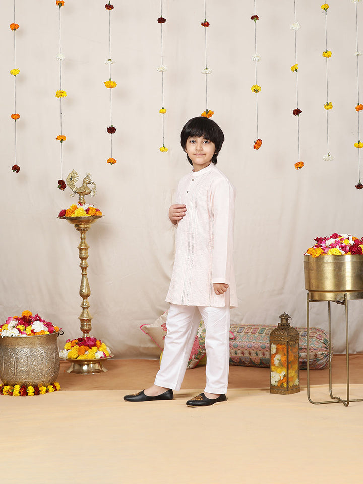 Boy's Pink Sequined Embroidered and Gota worked Pure Cotton Straight Kurta with Pyjama