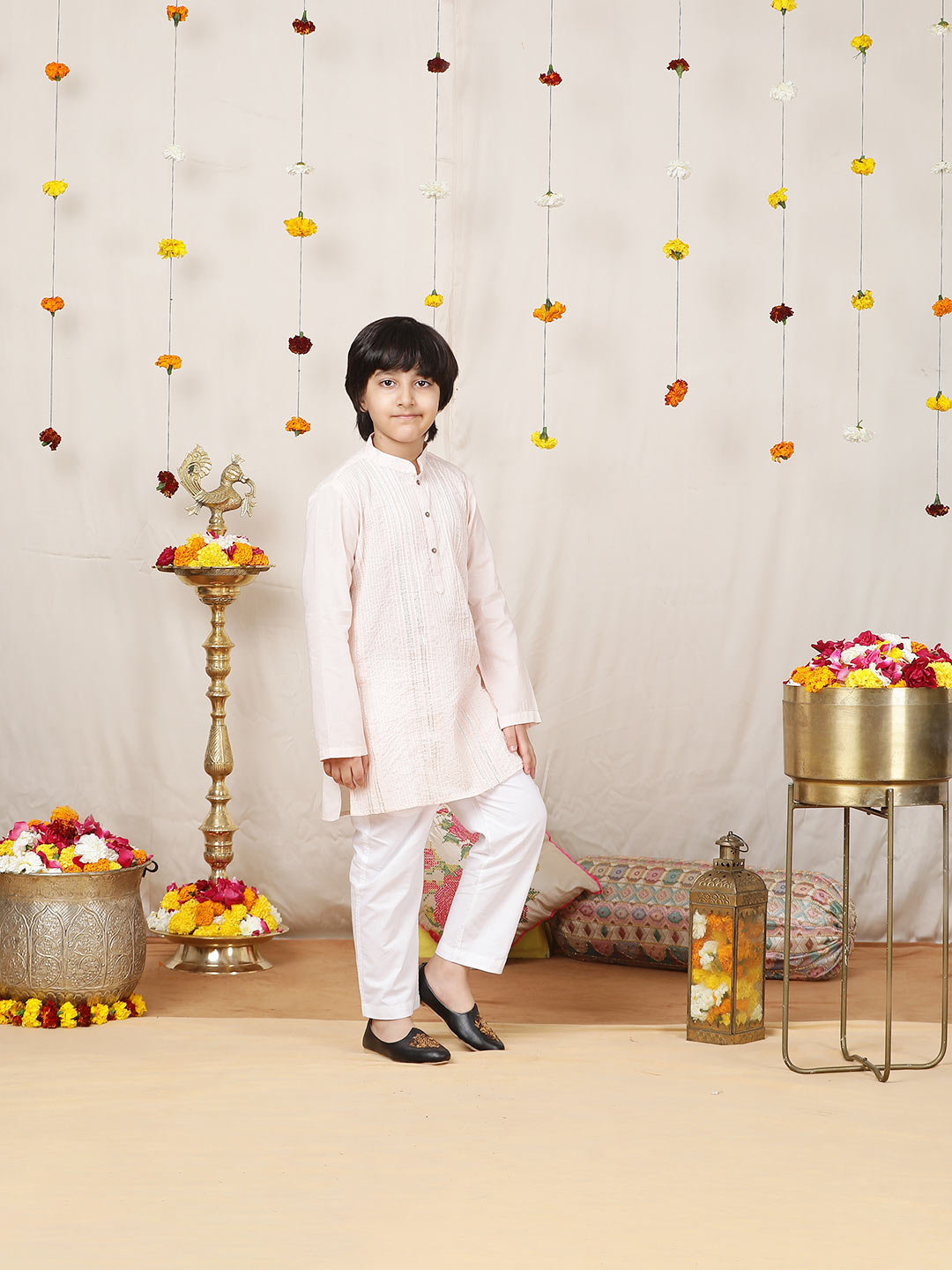 Boy's Pink Sequined Embroidered and Gota worked Pure Cotton Straight Kurta