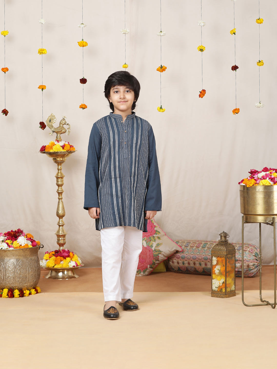 Boy's Prussian Blue Sequined Embroidered and Gota worked Pure Cotton Straight Kurta