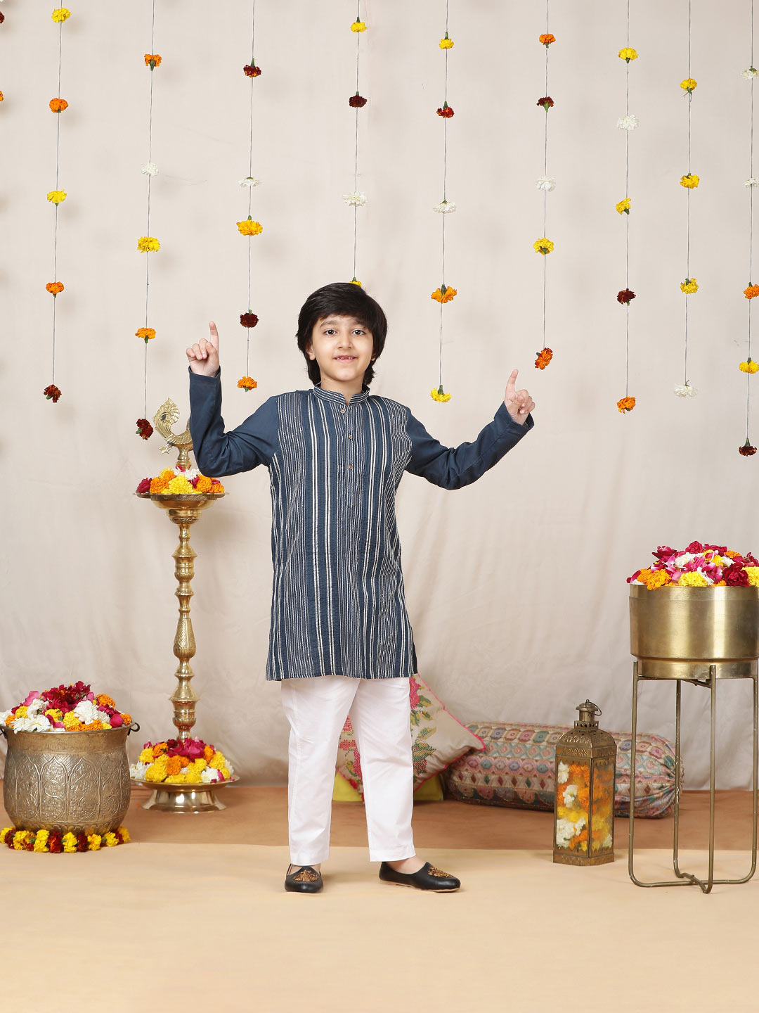 Boy's Prussian Blue Sequined Embroidered and Gota worked Pure Cotton Straight Kurta with Pyjama