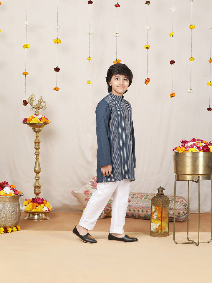 Boy's Prussian Blue Sequined Embroidered and Gota worked Pure Cotton Straight Kurta with Pyjama