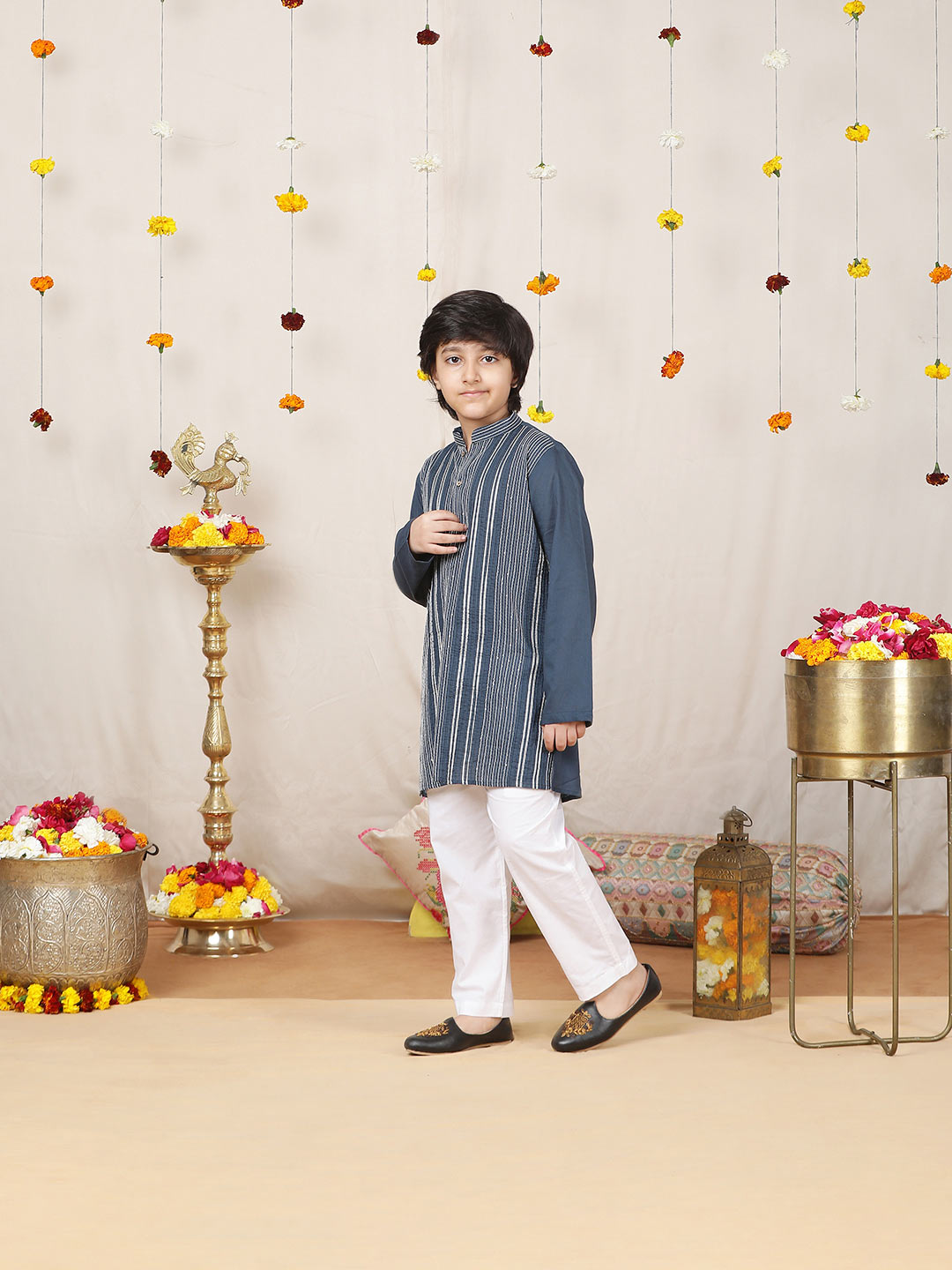 Boy's Prussian Blue Sequined Embroidered and Gota worked Pure Cotton Straight Kurta