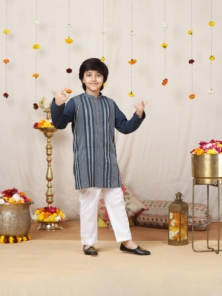 Boy's Prussian Blue Sequined Embroidered and Gota worked Pure Cotton Straight Kurta with Pyjama