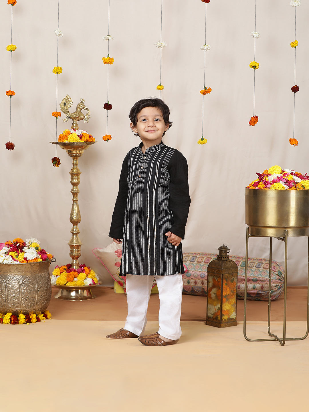 Boy's Black Sequined Embroidered and Gota worked Pure Cotton Straight Kurta