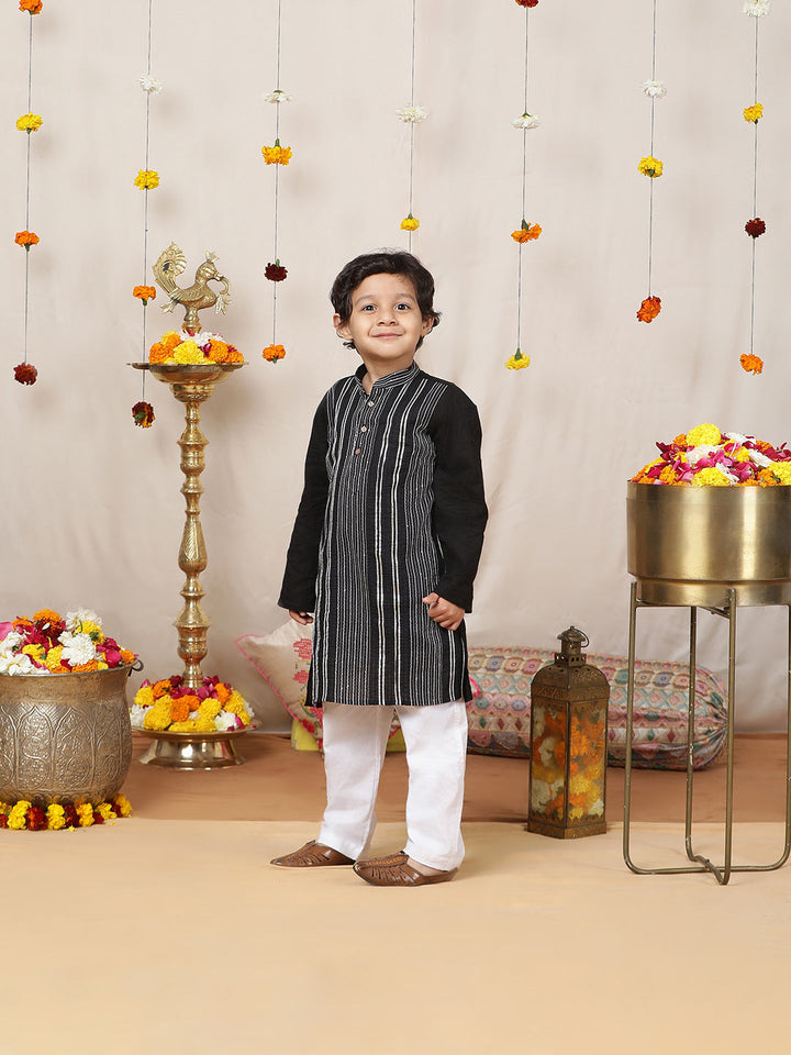 Boy's Black Sequined Embroidered and Gota worked Pure Cotton Straight Kurta