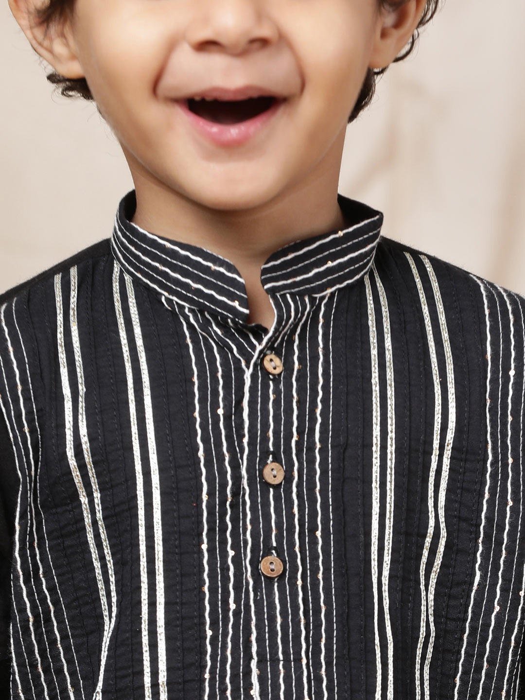 Boy's Black Sequined Embroidered and Gota worked Pure Cotton Straight Kurta with Pyjama