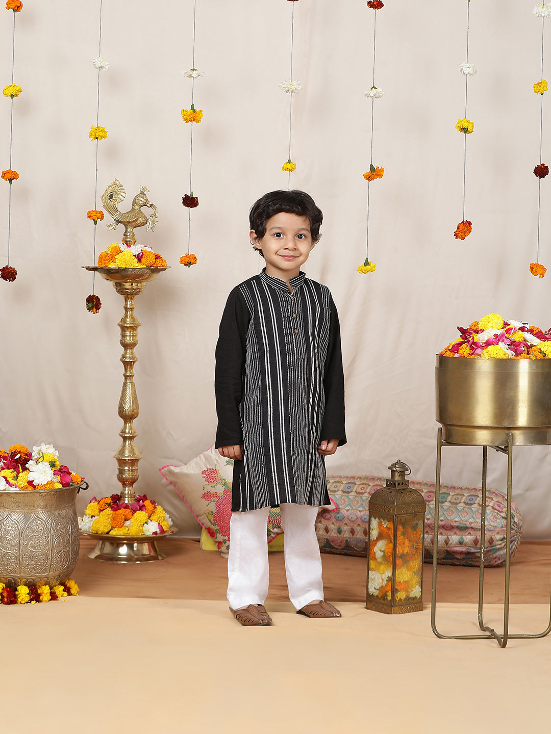 Boy's Black Sequined Embroidered and Gota worked Pure Cotton Straight Kurta with Pyjama