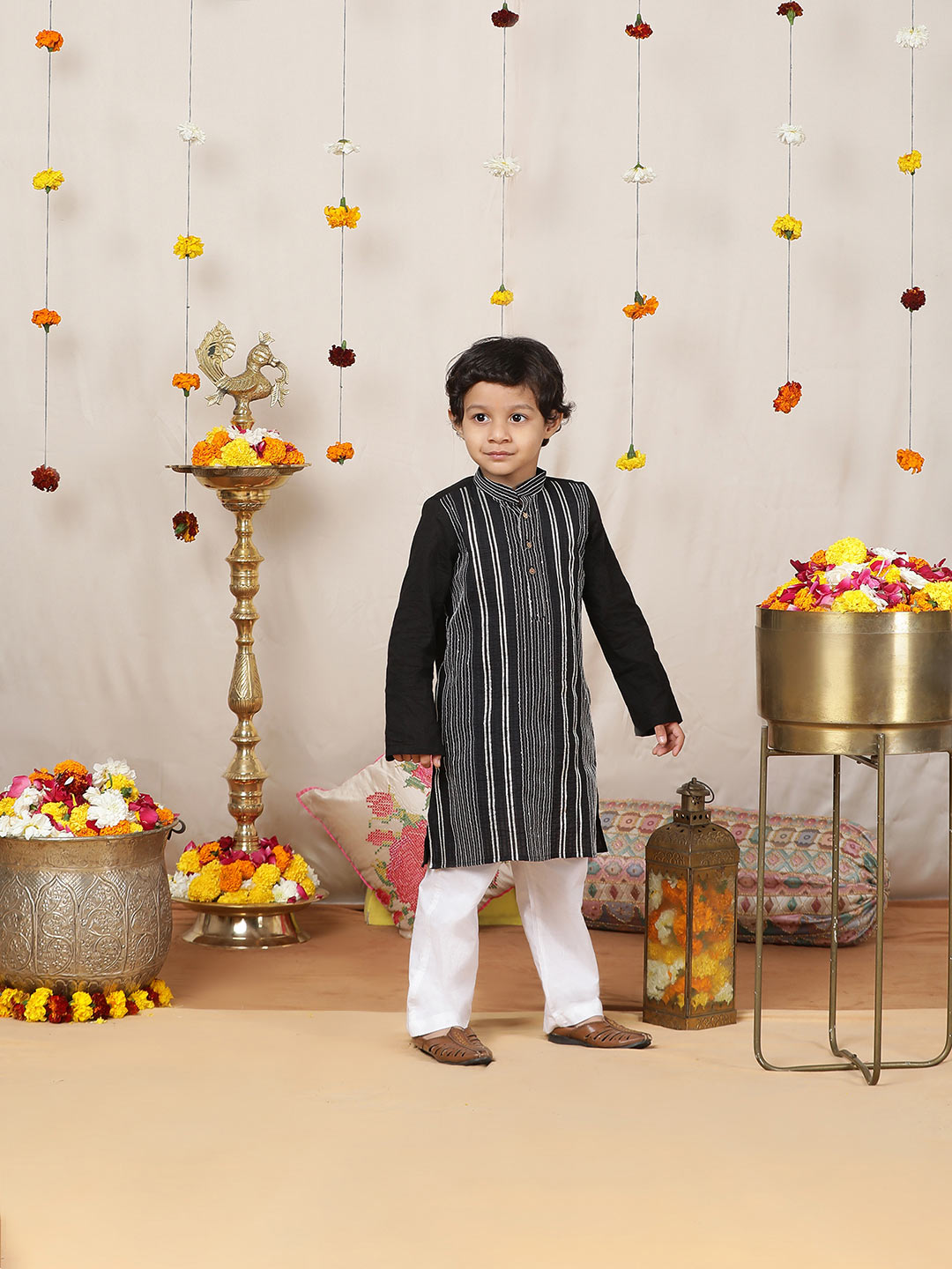 Boy's Black Sequined Embroidered and Gota worked Pure Cotton Straight Kurta