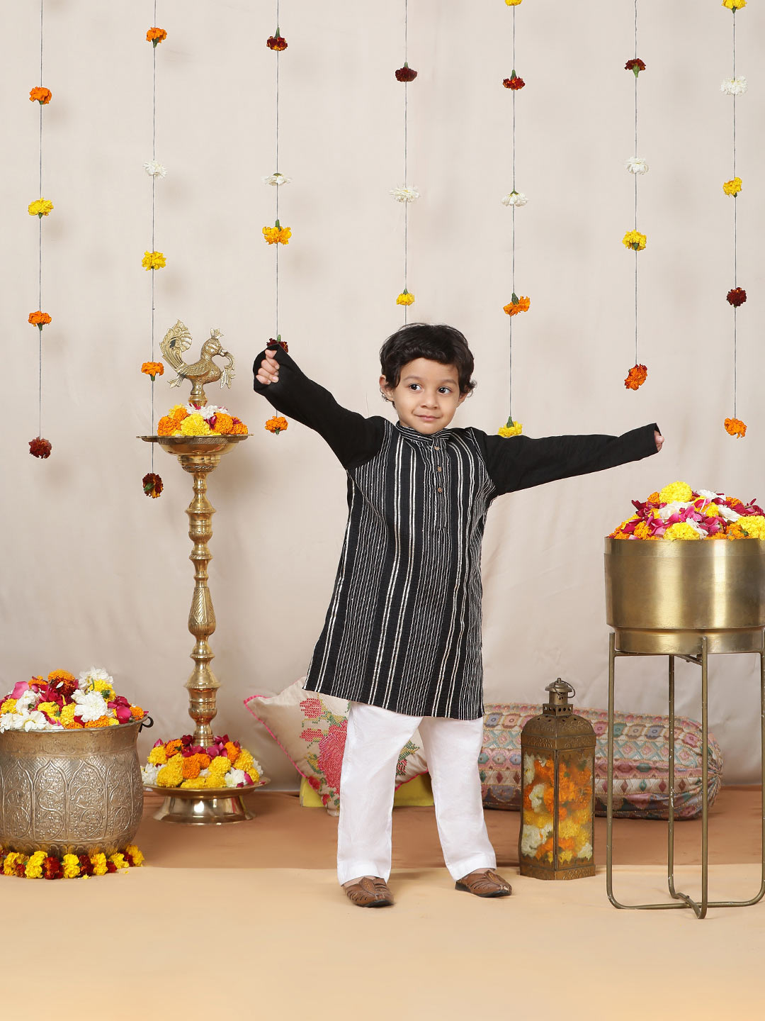 Boy's Black Sequined Embroidered and Gota worked Pure Cotton Straight Kurta with Pyjama