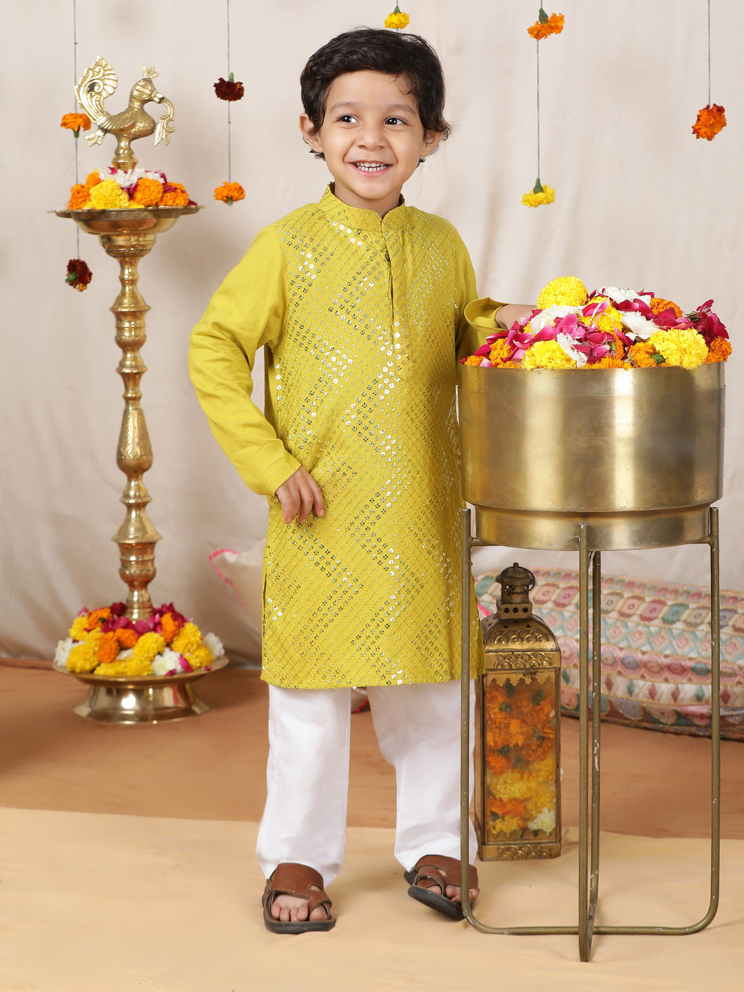 Boy's Lime Green Sequined Embroidered Rayon Straight Kurta with Pyjama