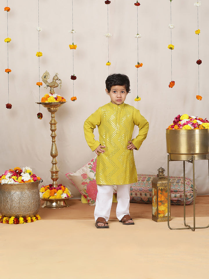 Boy's Lime Green Sequined Embroidered Rayon Straight Kurta with Pyjama