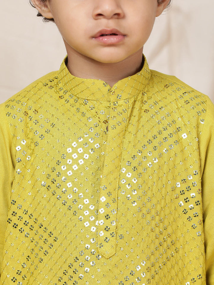 Boy's Lime Green Sequined Embroidered Rayon Straight Kurta with Pyjama