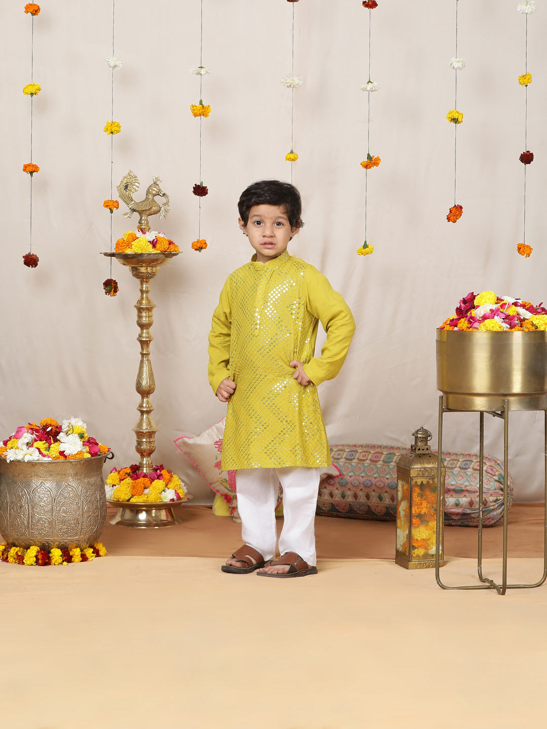 Boy's Lime Green Sequined Embroidered Rayon Straight Kurta with Pyjama