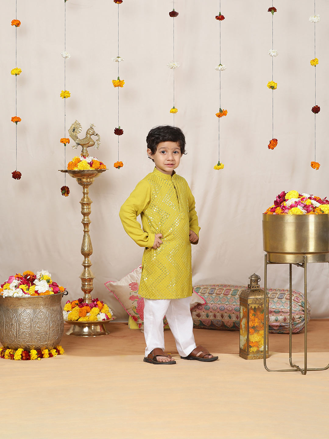 Boy's Lime Green Sequined Embroidered Rayon Straight Kurta with Pyjama