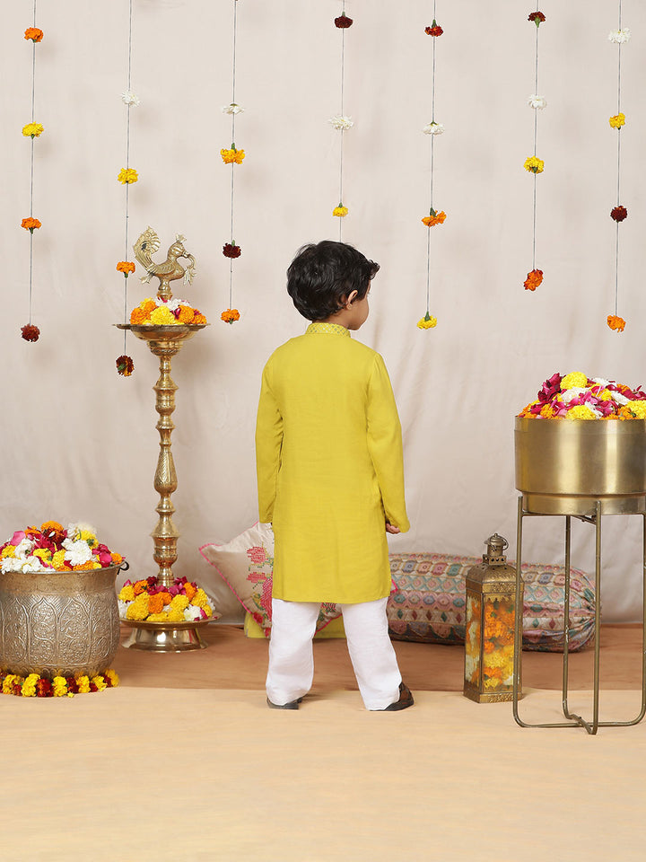 Boy's Lime Green Sequined Embroidered Rayon Straight Kurta with Pyjama