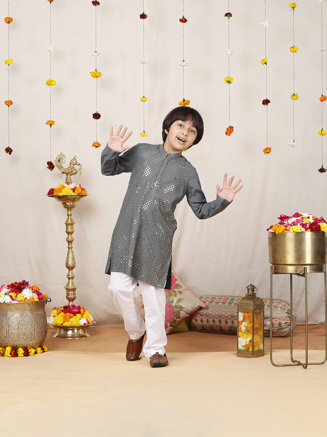 Boy's Gray Sequined Embroidered Rayon Straight Kurta with Pyjama