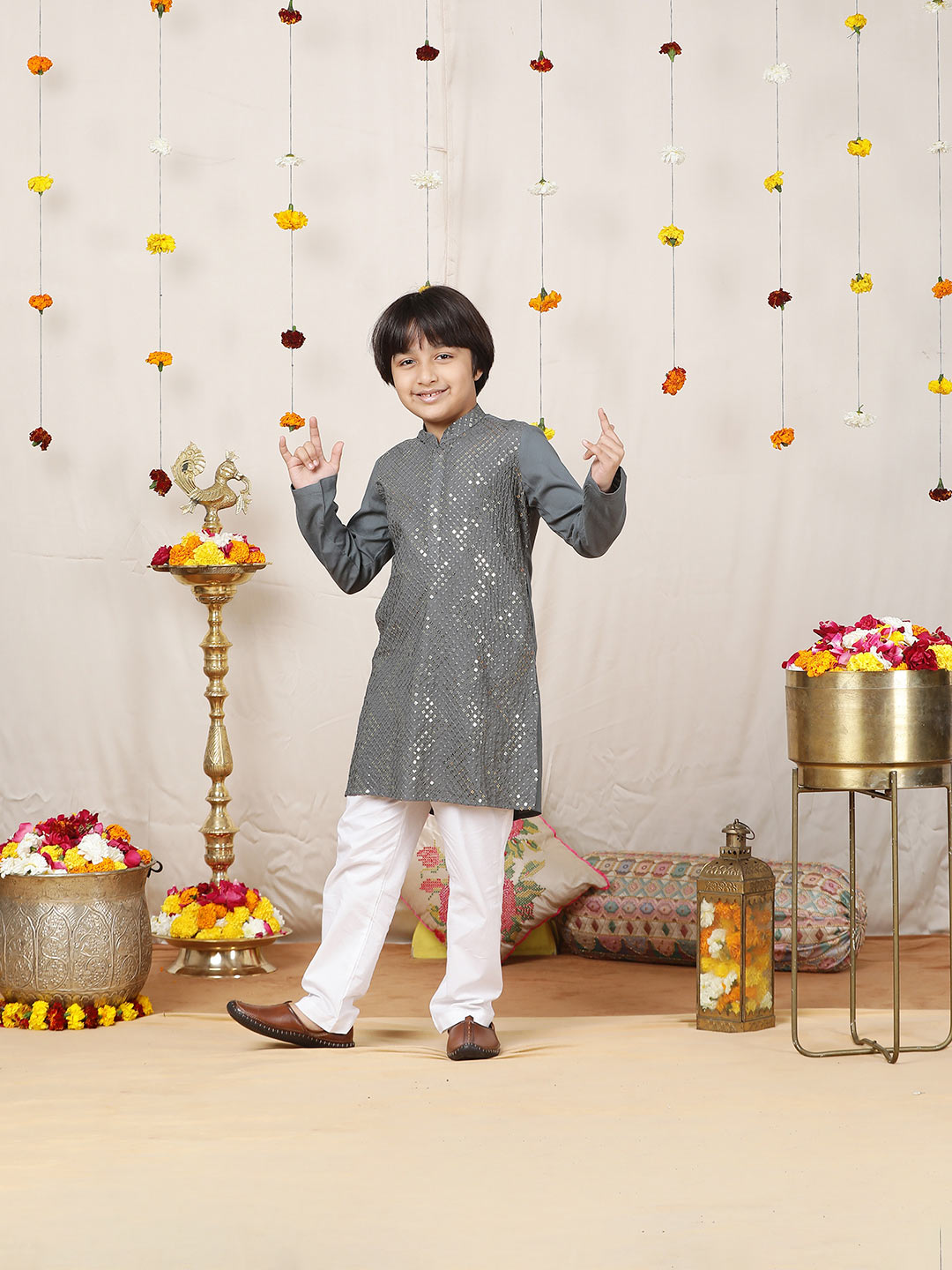 Boy's Gray Sequined Embroidered Rayon Straight Kurta