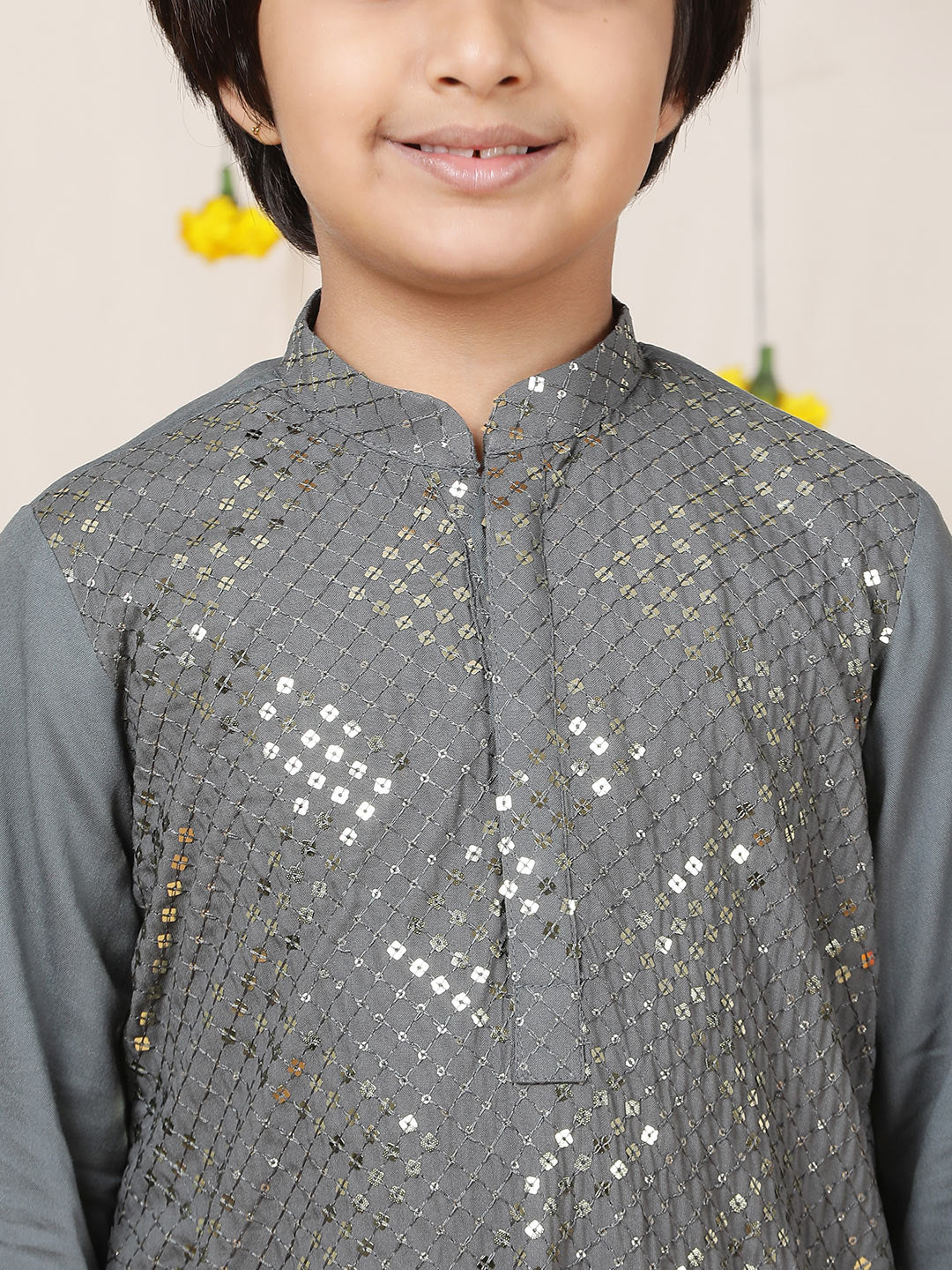 Boy's Gray Sequined Embroidered Rayon Straight Kurta with Pyjama