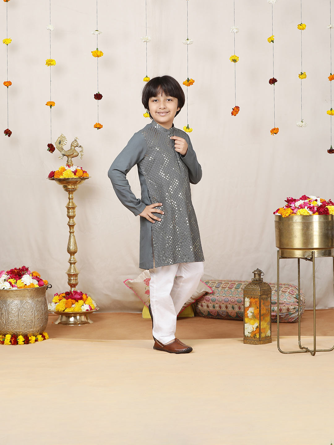 Boy's Gray Sequined Embroidered Rayon Straight Kurta with Pyjama