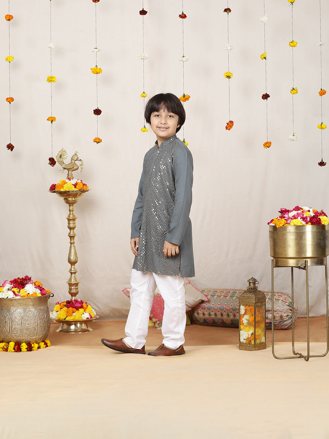 Boy's Gray Sequined Embroidered Rayon Straight Kurta with Pyjama