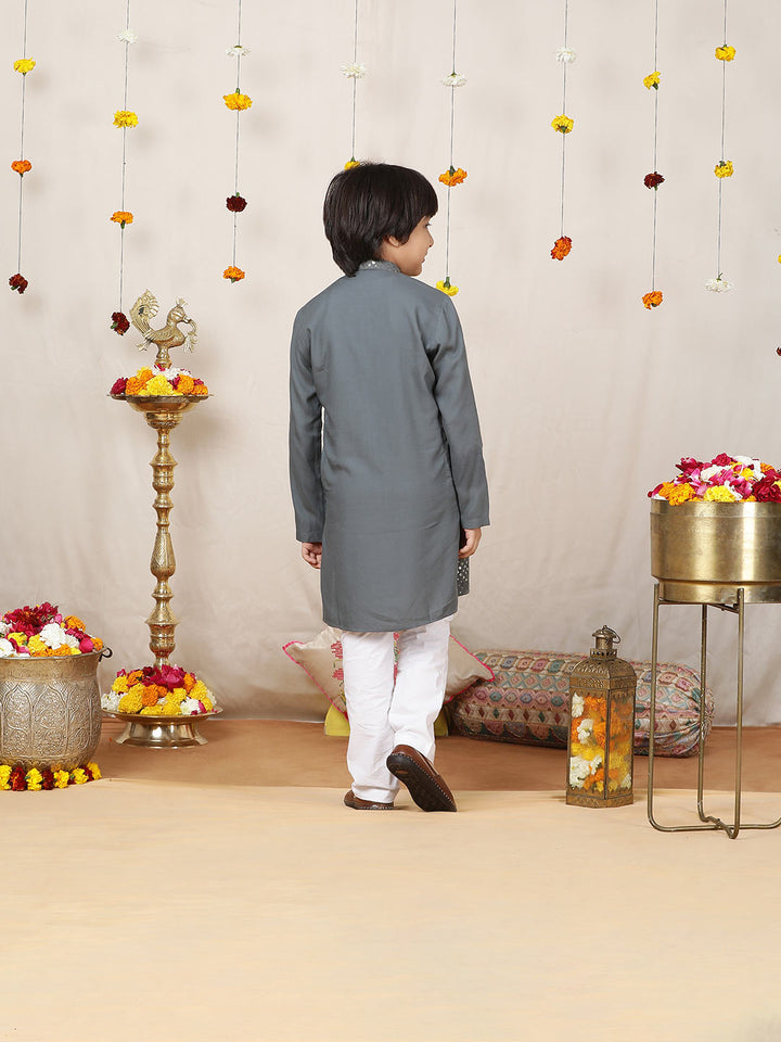 Boy's Gray Sequined Embroidered Rayon Straight Kurta with Pyjama