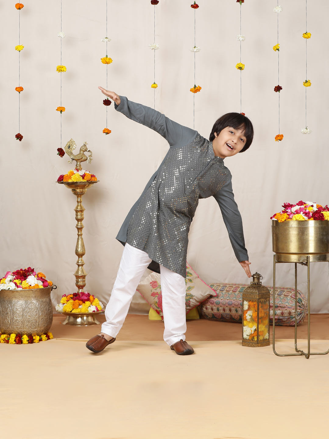 Boy's Gray Sequined Embroidered Rayon Straight Kurta