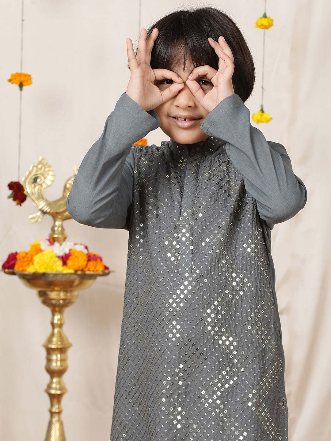 Boy's Gray Sequined Embroidered Rayon Straight Kurta