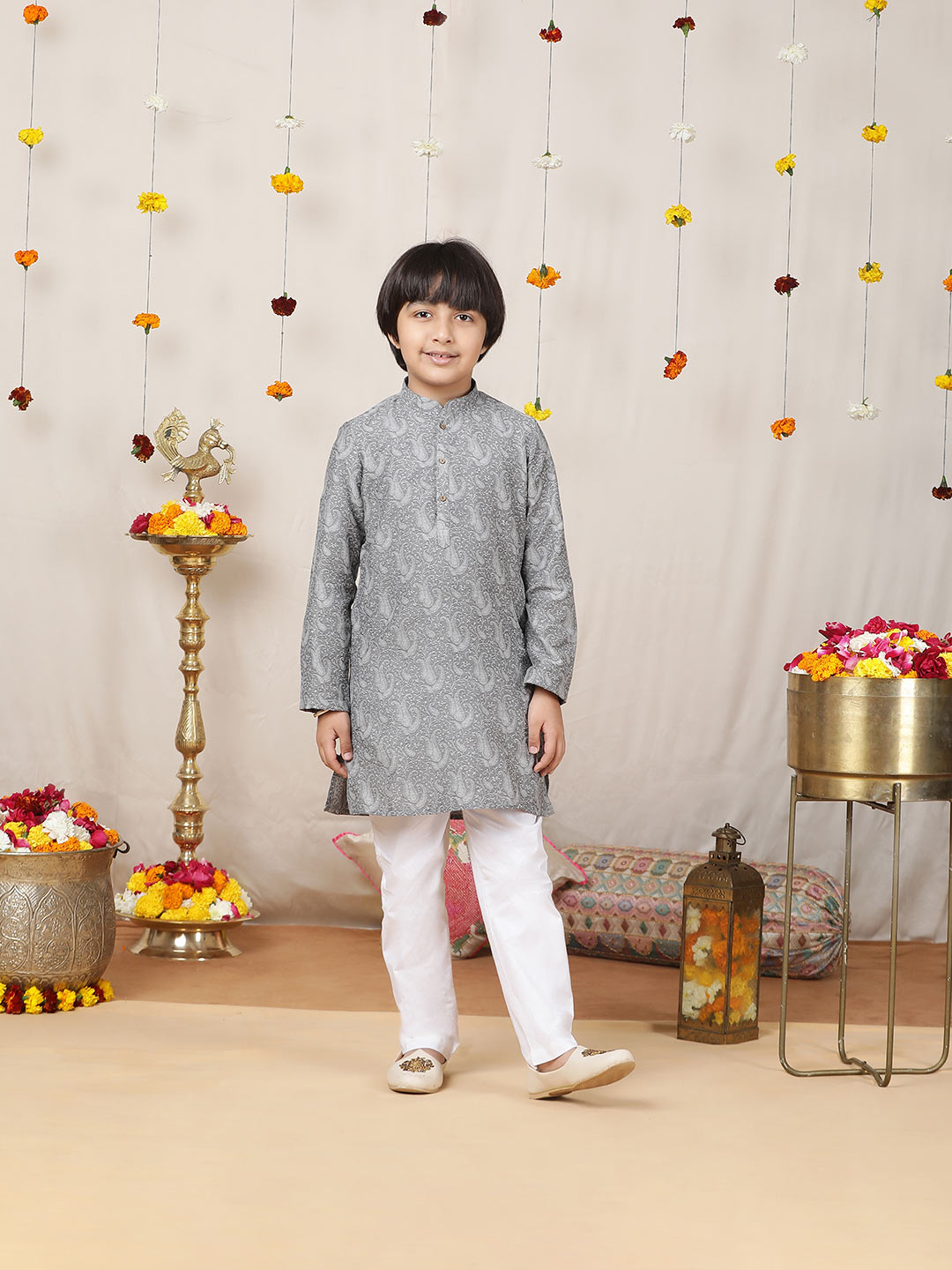 Boy's Gray Handwoven Jacquard Cotton Straight Kurta with Pyjama