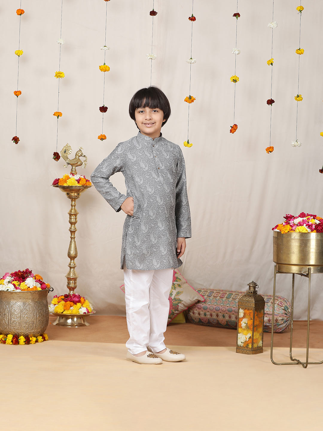 Boy's Gray Handwoven Jacquard Cotton Straight Kurta with Pyjama