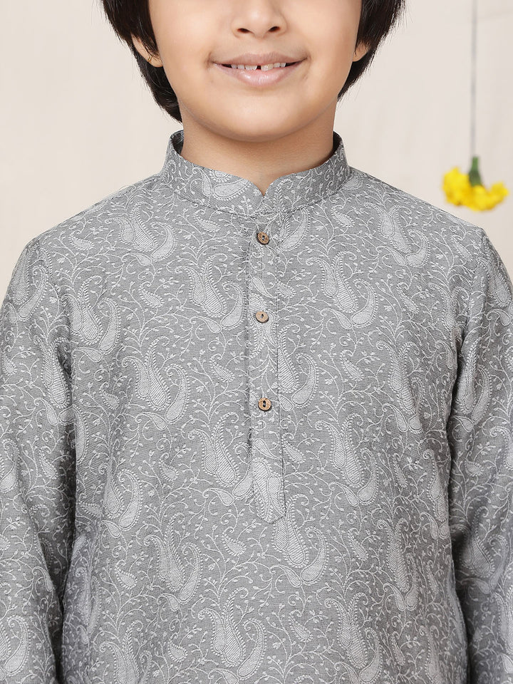 Boy's Gray Handwoven Jacquard Cotton Straight Kurta with Pyjama