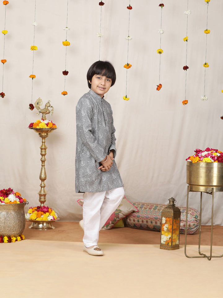 Boy's Gray Handwoven Jacquard Cotton Straight Kurta with Pyjama