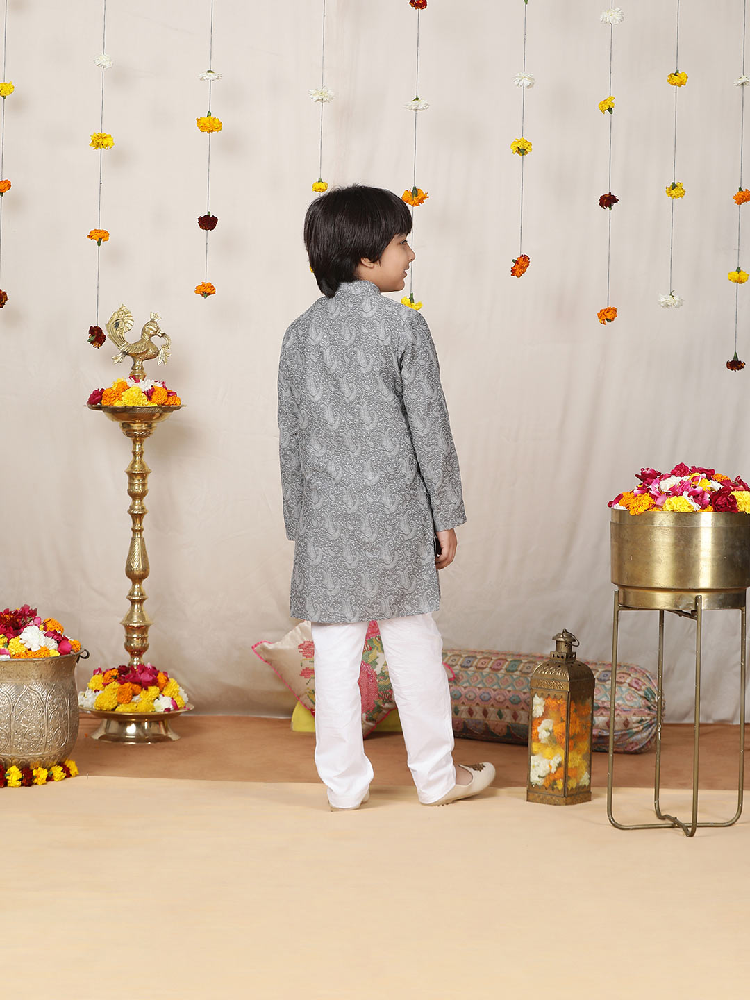 Boy's Gray Handwoven Jacquard Cotton Straight Kurta