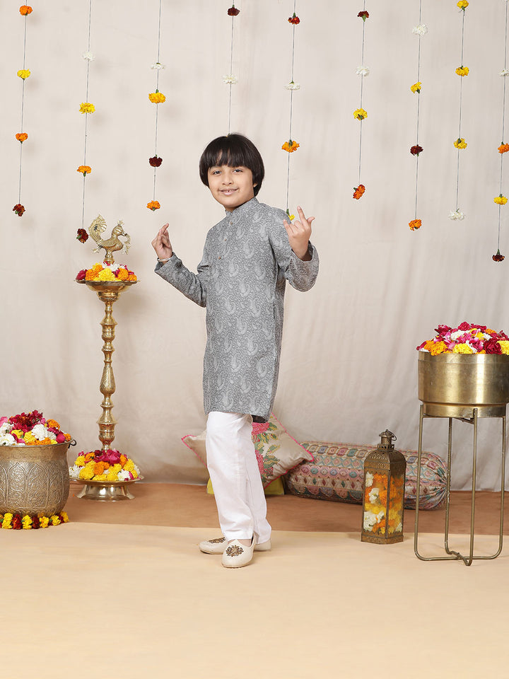 Boy's Gray Handwoven Jacquard Cotton Straight Kurta with Pyjama