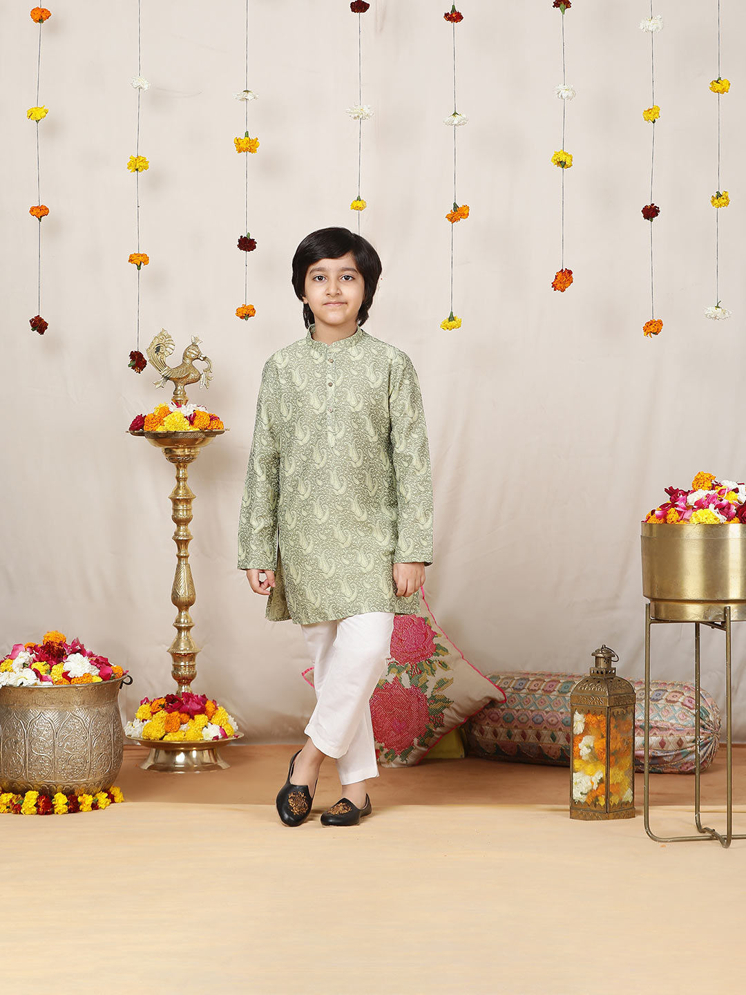 Boy's Pista Green Handwoven Jacquard Cotton Straight Kurta