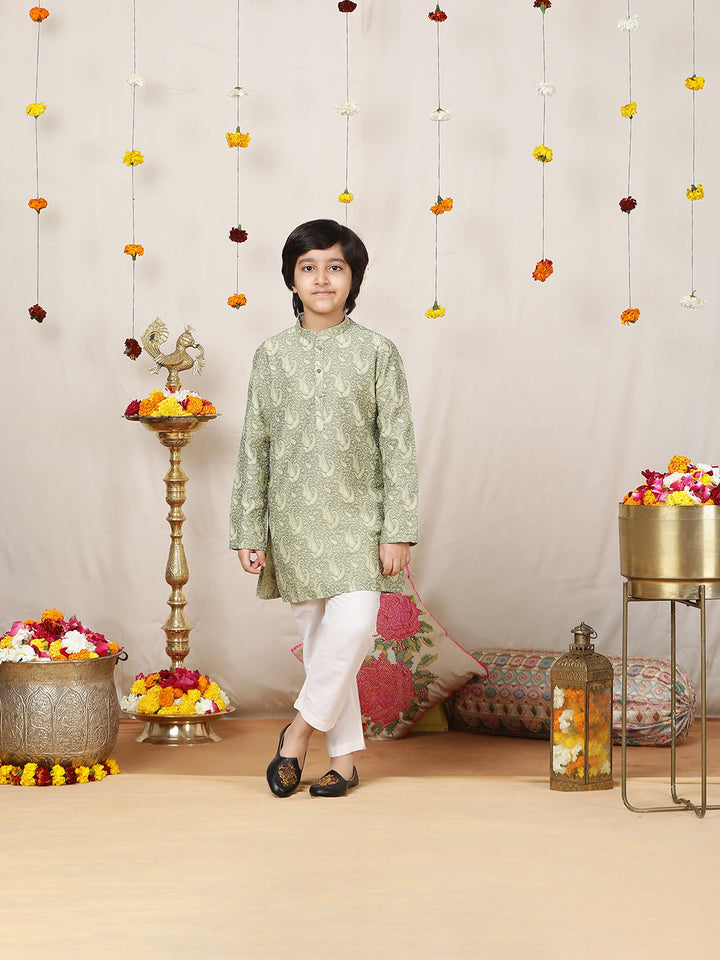 Boy's Pista Green Handwoven Jacquard Cotton Straight Kurta with Pyjama