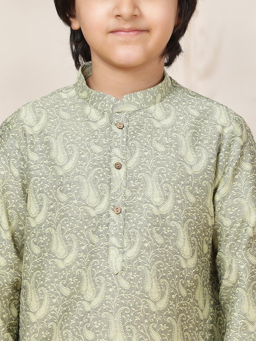 Boy's Pista Green Handwoven Jacquard Cotton Straight Kurta with Pyjama