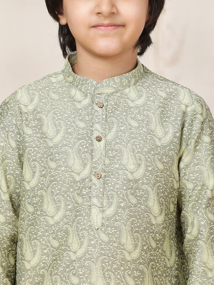 Boy's Pista Green Handwoven Jacquard Cotton Straight Kurta