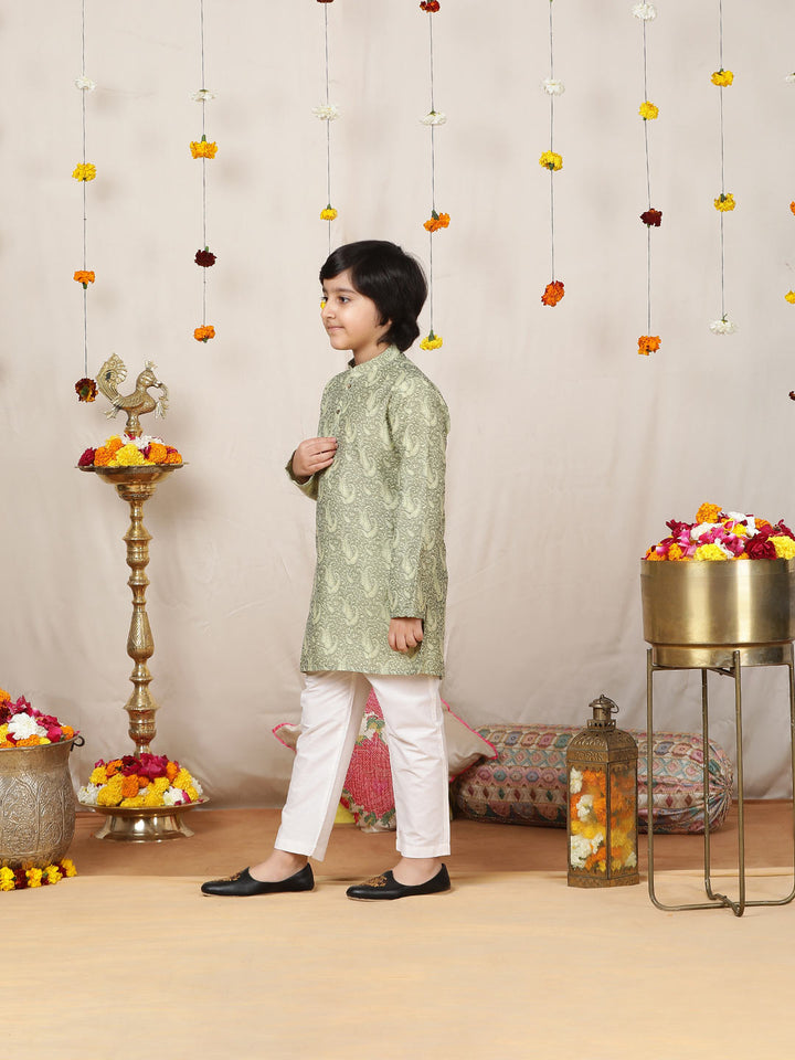 Boy's Pista Green Handwoven Jacquard Cotton Straight Kurta with Pyjama