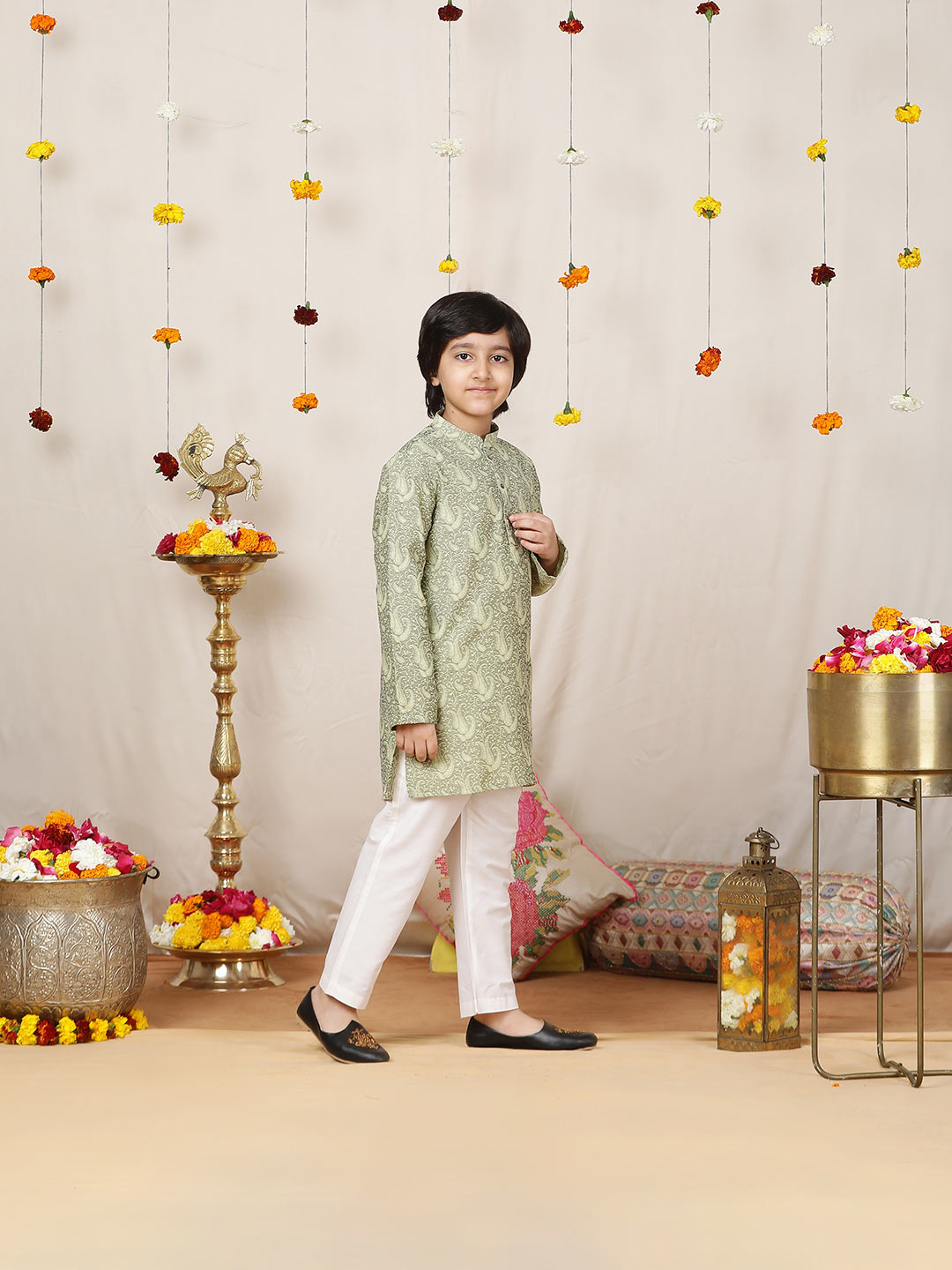 Boy's Pista Green Handwoven Jacquard Cotton Straight Kurta with Pyjama