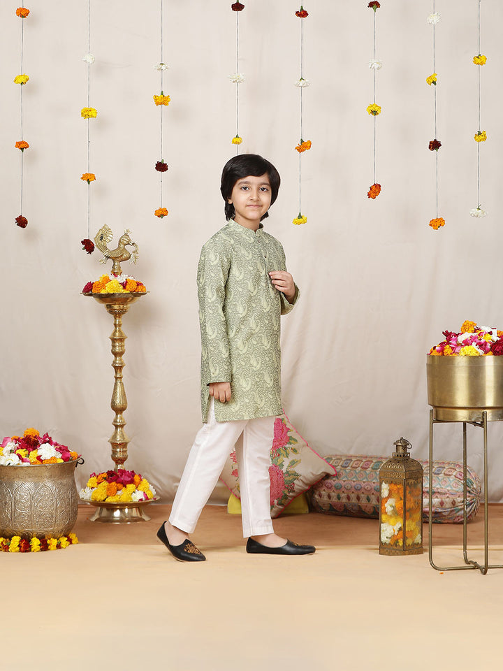 Boy's Pista Green Handwoven Jacquard Cotton Straight Kurta