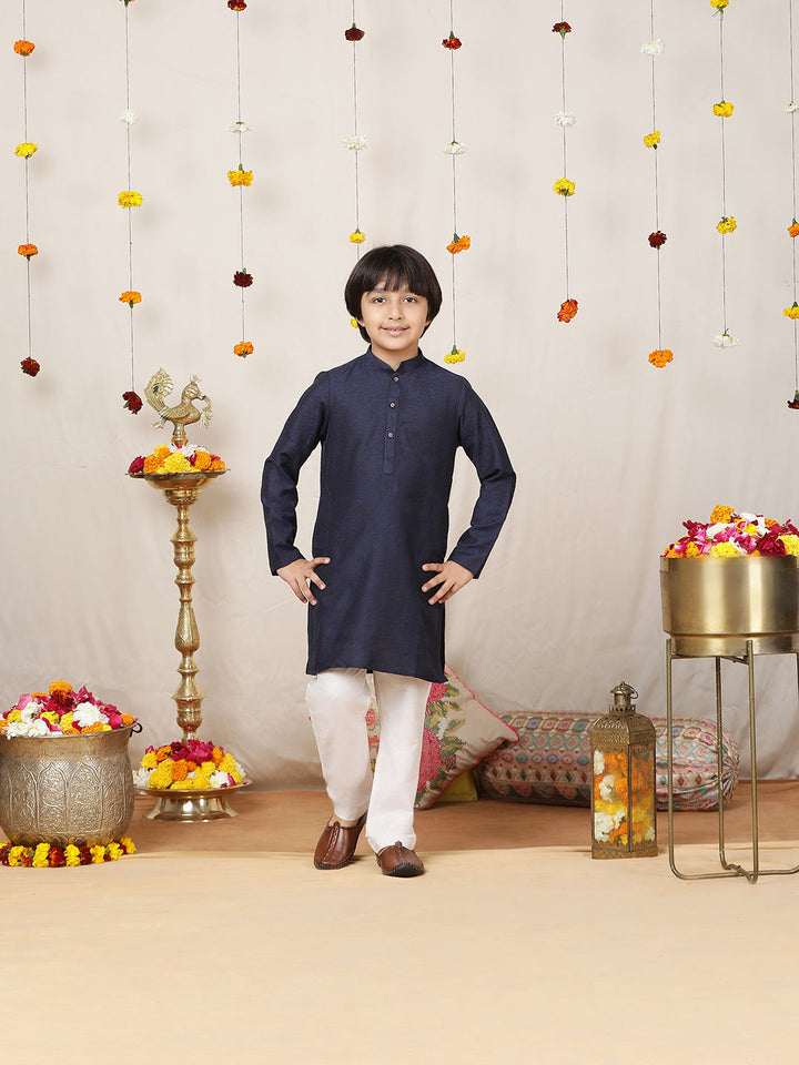 Boy's Navy Blue Handwoven Jacquard Cotton Straight Kurta with Pyjama