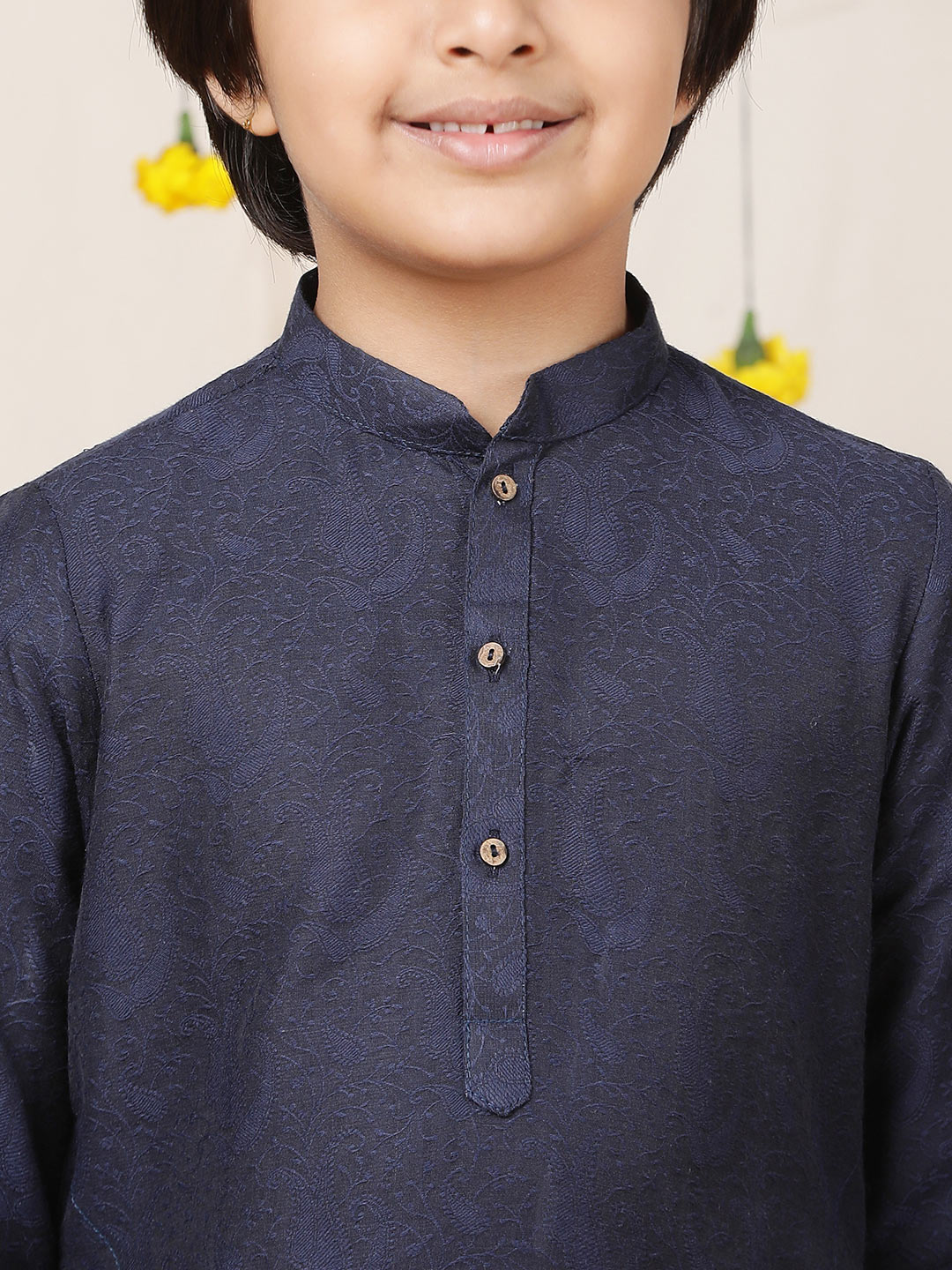 Boy's Navy Blue Handwoven Jacquard Cotton Straight Kurta with Pyjama