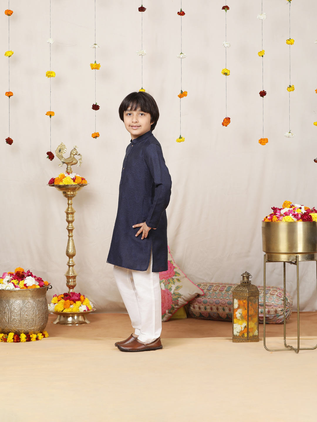 Boy's Navy Blue Handwoven Jacquard Cotton Straight Kurta