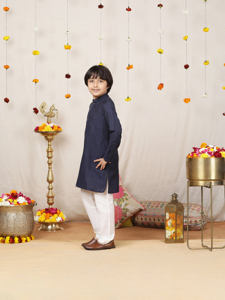 Boy's Navy Blue Handwoven Jacquard Cotton Straight Kurta with Pyjama