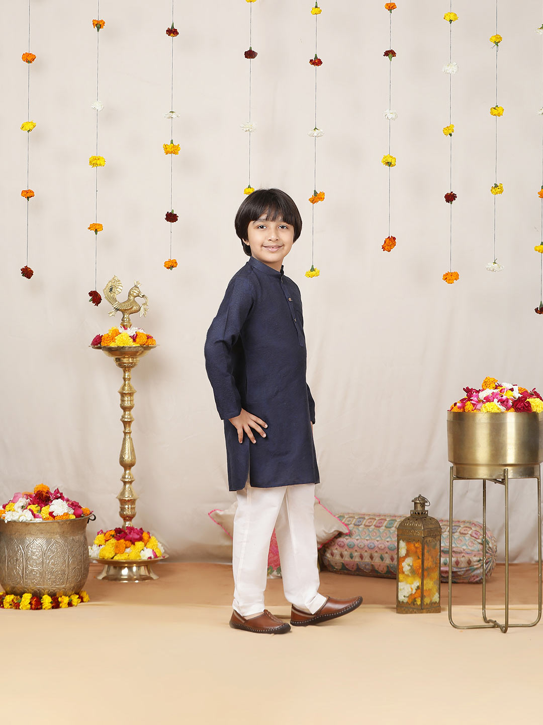 Boy's Navy Blue Handwoven Jacquard Cotton Straight Kurta with Pyjama