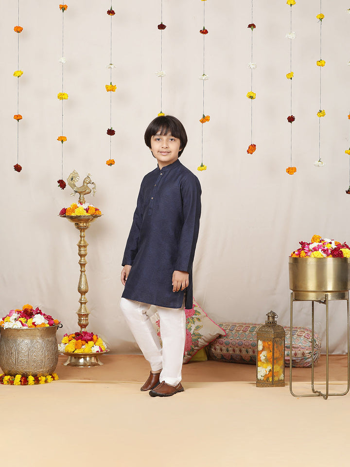 Boy's Navy Blue Handwoven Jacquard Cotton Straight Kurta with Pyjama